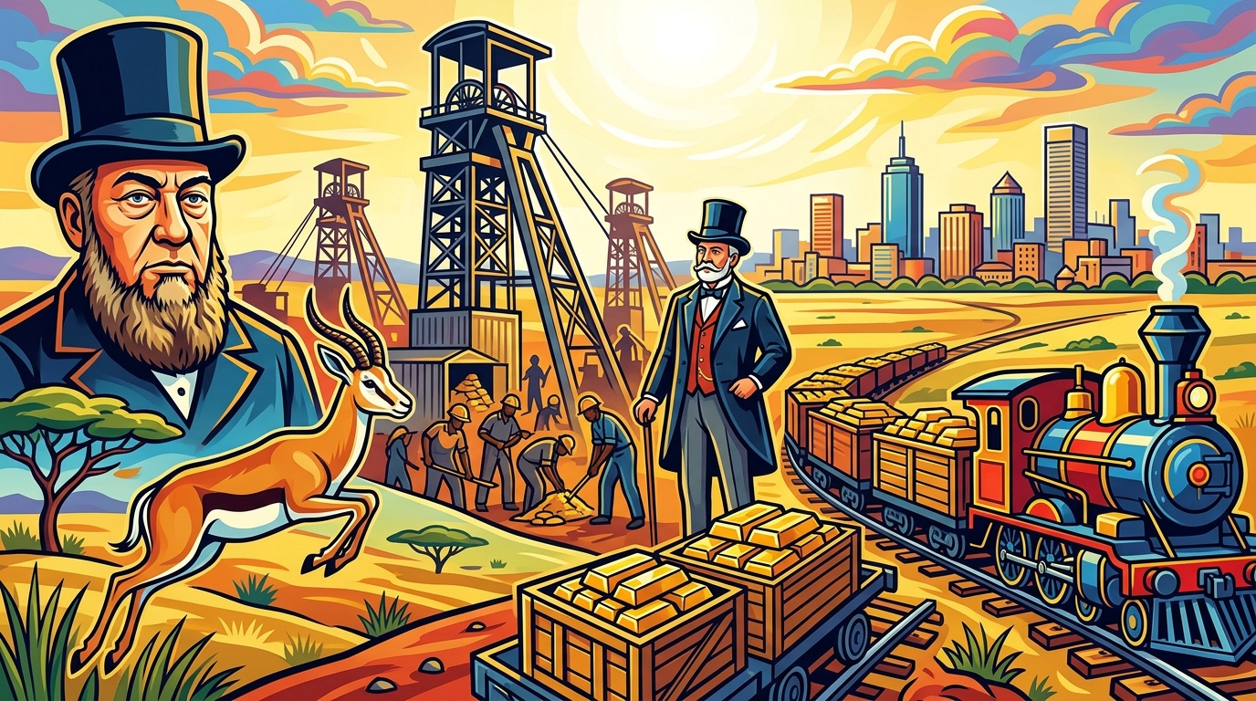 Fresque murale sud-africaine : Paul Kruger barbu, un springbok bondissant, les chevalements des mines du Witwatersrand, un Randlord en haut-de-forme et un train chargé d'or fuyant dans la nuit