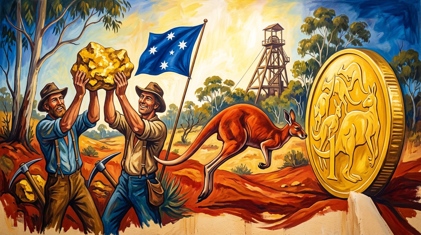 Fresque murale australienne : deux mineurs cornouaillais brandissant une pépite géante, le drapeau de la Croix du Sud d'Eureka, un kangourou roux bondissant et la pièce d'or d'une tonne de la Perth Mint