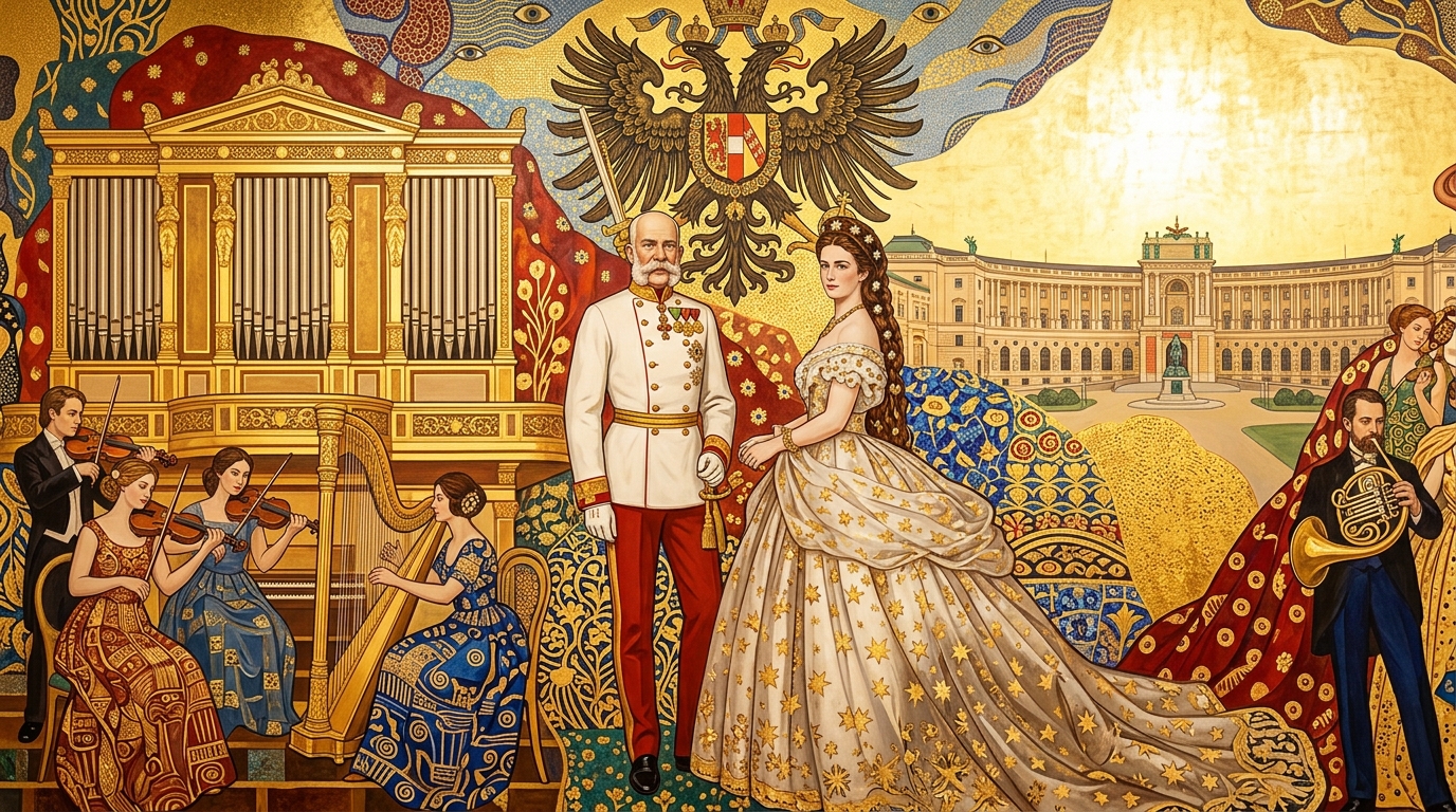 Fresque murale viennoise : l'empereur François-Joseph et l'impératrice Sissi, l'aigle bicéphale des Habsbourg, le Grand Orgue du Musikverein et des instruments d'orchestre, un Ducat d'or géant au millésime 1915