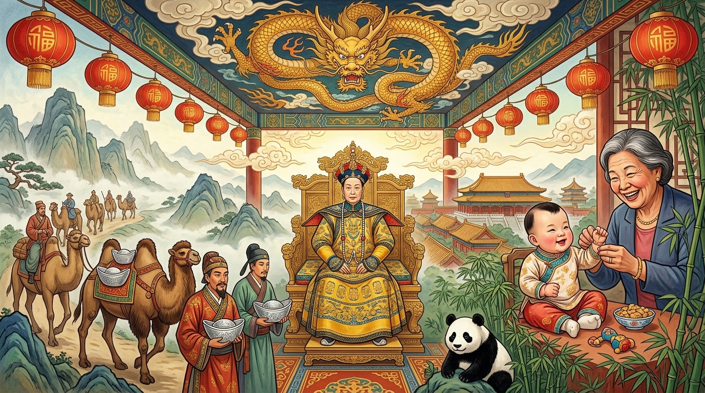 Fresque murale chinoise : un lingot d'argent sycee en forme de chausson, une dame du harem impérial Qing, le caractère 福 du bonheur, un panda et un distributeur automatique d'or moderne