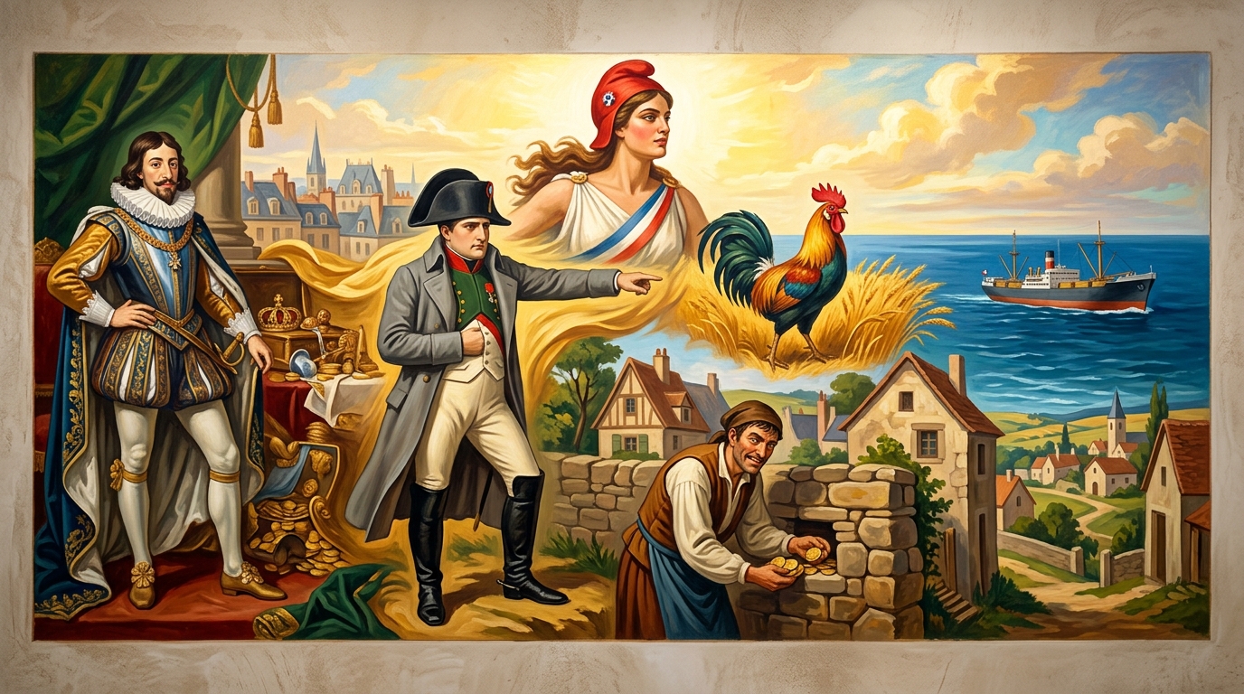 Fresque murale française : Louis XIII tenant un Louis d'or, Napoléon Bonaparte, une Marianne au bonnet phrygien, un coq gaulois, un paysan cachant des pièces dans un mur, et un navire emportant l'or à travers l'océan en 1940.