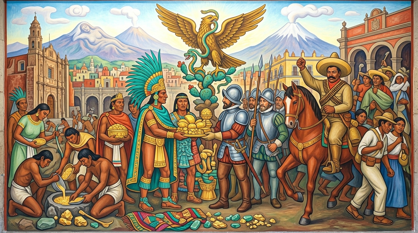 Fresque murale mexicaine : Moctezuma offrant l'or aux conquistadors, l'aigle aztèque, les volcans et un révolutionnaire de la Révolution mexicaine