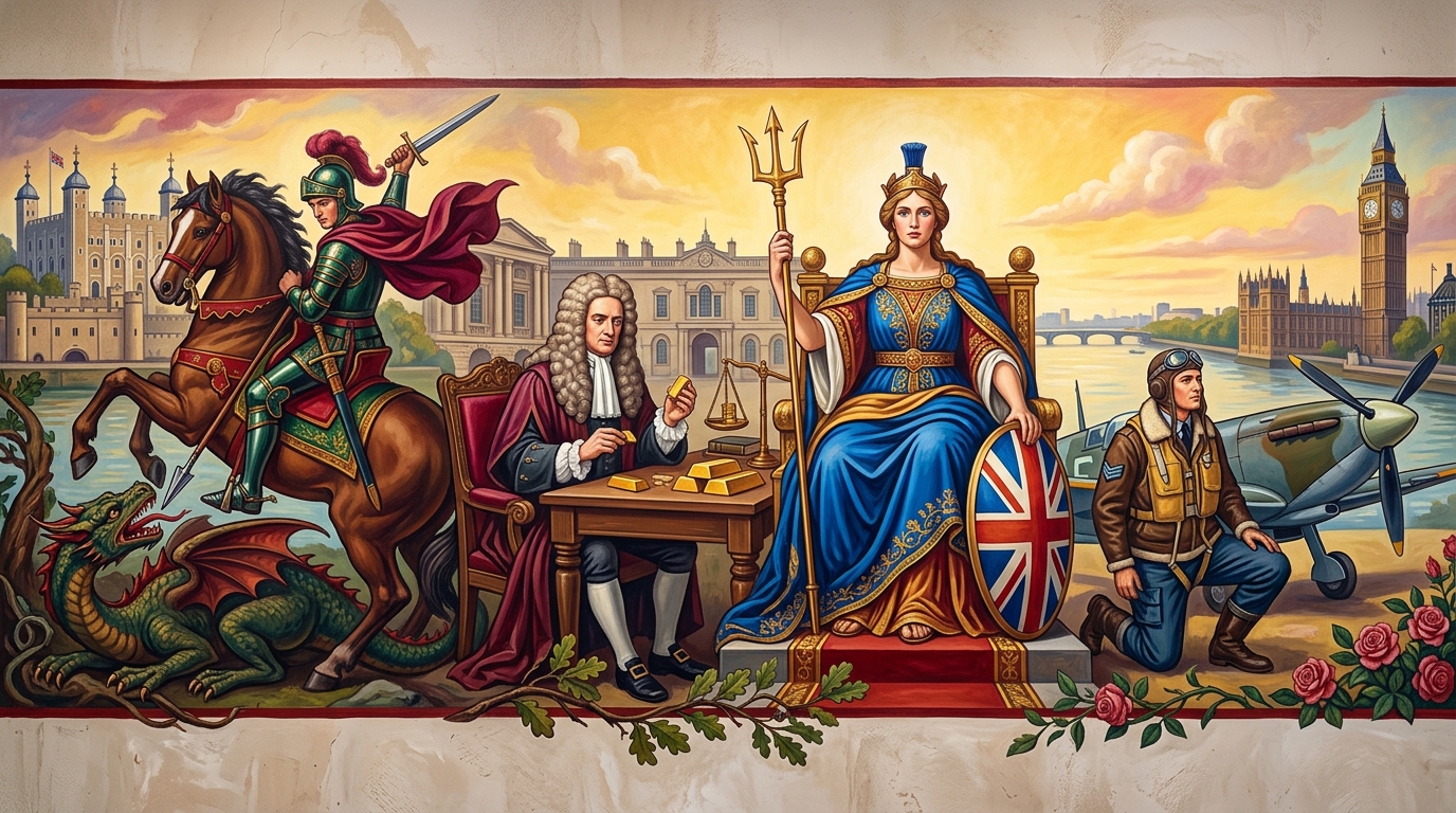 Fresque murale britannique : Saint Georges terrassant le dragon gravé par Pistrucci, Isaac Newton à la Monnaie royale, la déesse Britannia au trident, un Souverain d'or et un pilote de la Seconde Guerre mondiale
