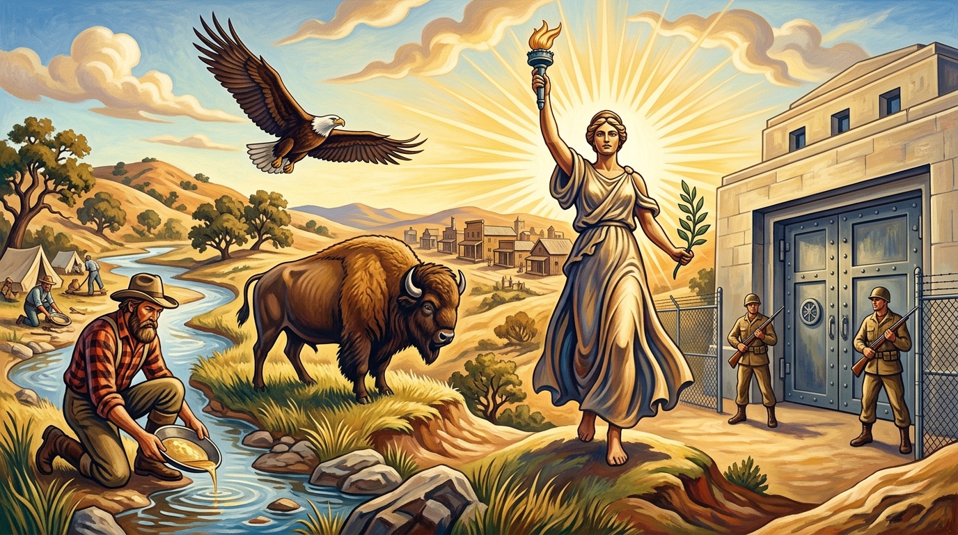 Fresque murale américaine : un chercheur d'or de 1849 agenouillé dans une rivière de la Sierra Nevada, la Liberté marchant de Saint-Gaudens, un bison, un aigle et les coffres de Fort Knox